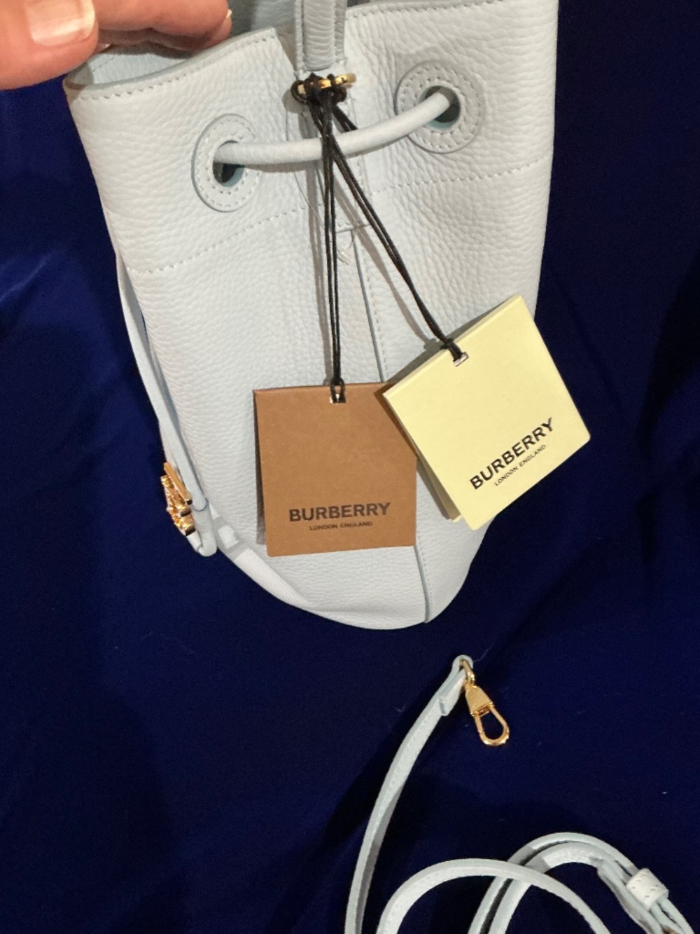 New Burberry small Drawstring Leather TB Bucket Bag pale blue - Picture 9 of 11